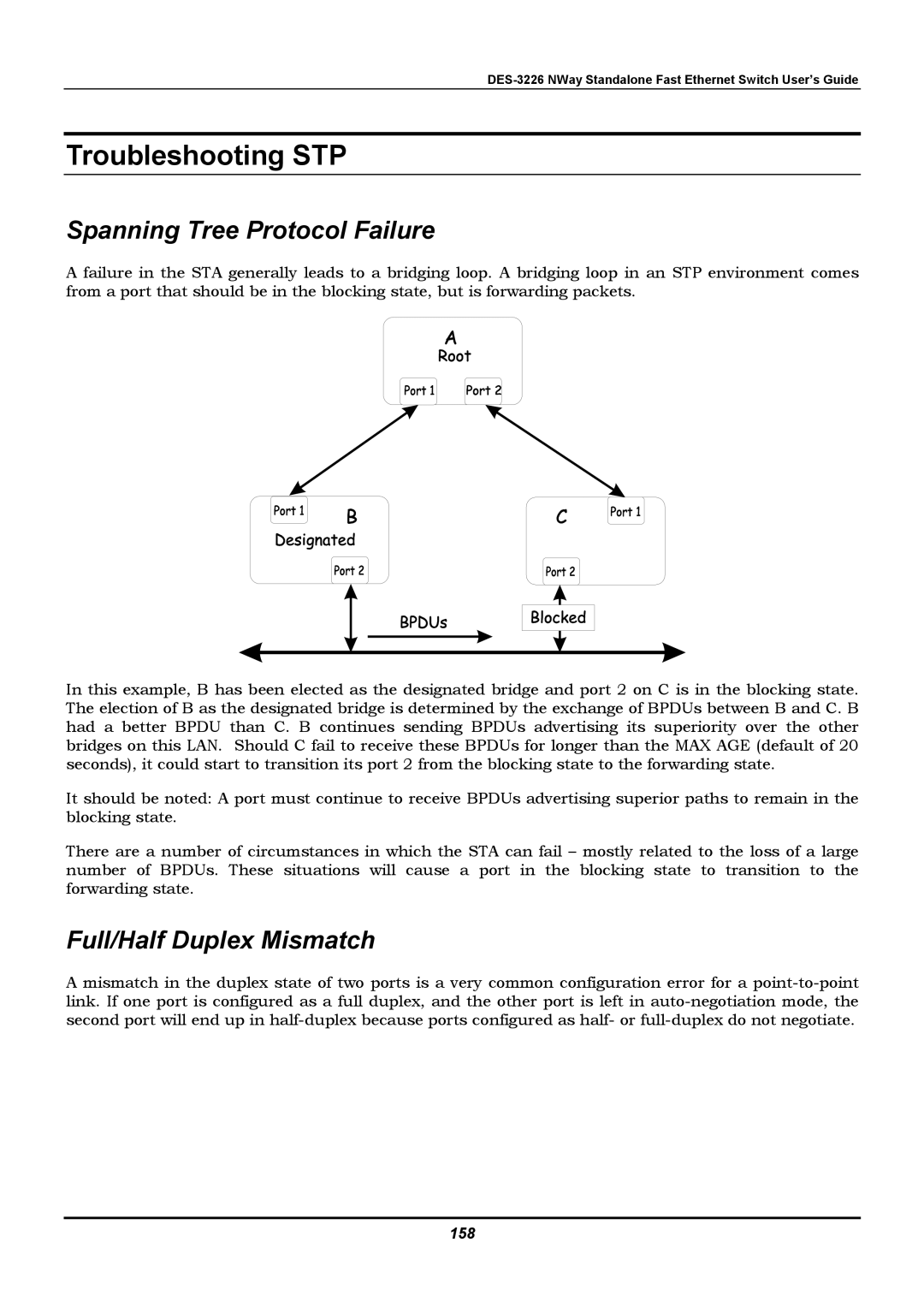 D-Link DES-3226 manual Troubleshooting STP, Spanning Tree Protocol Failure, Full/Half Duplex Mismatch, 158 