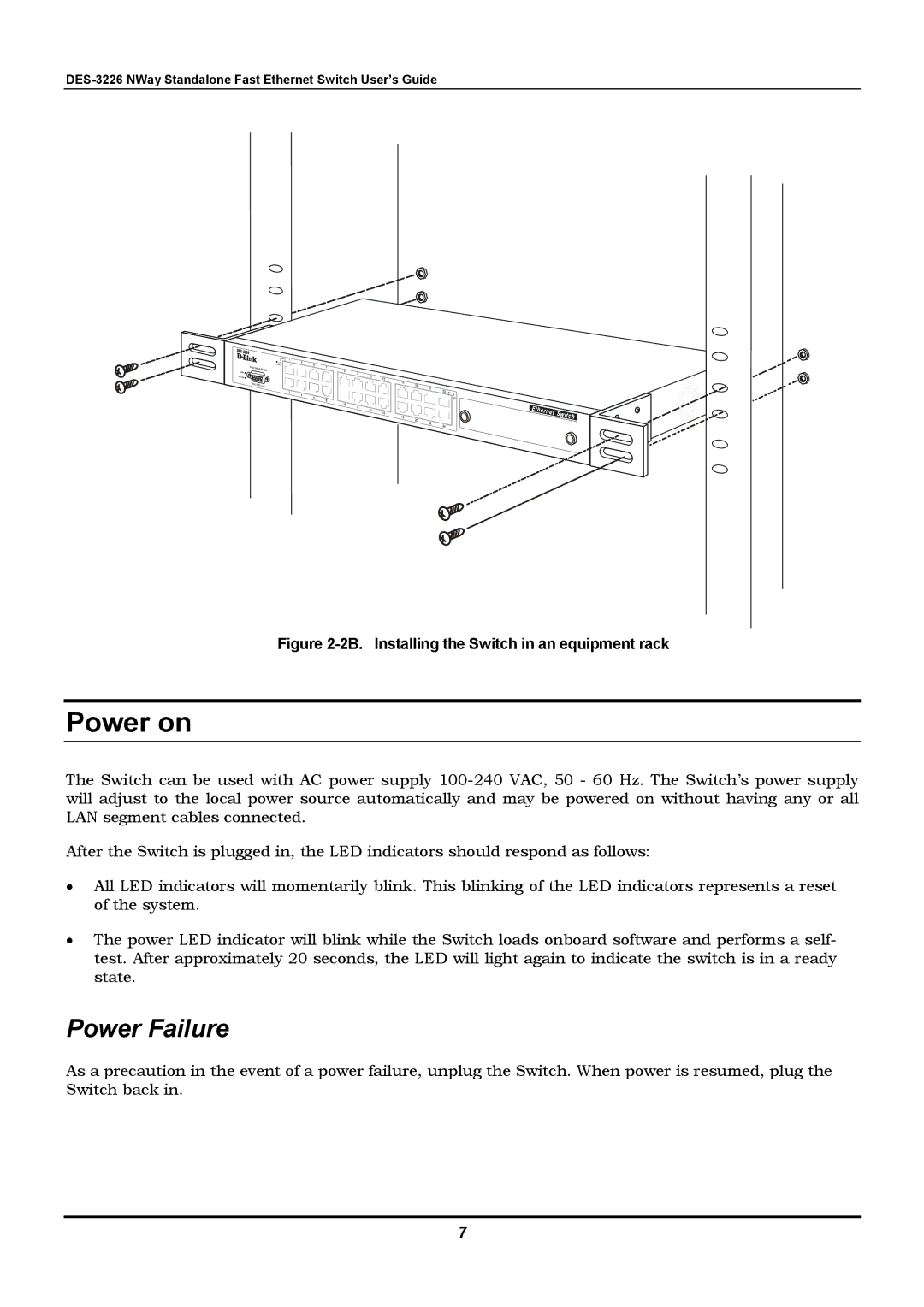 D-Link DES-3226 manual Power on, Power Failure 