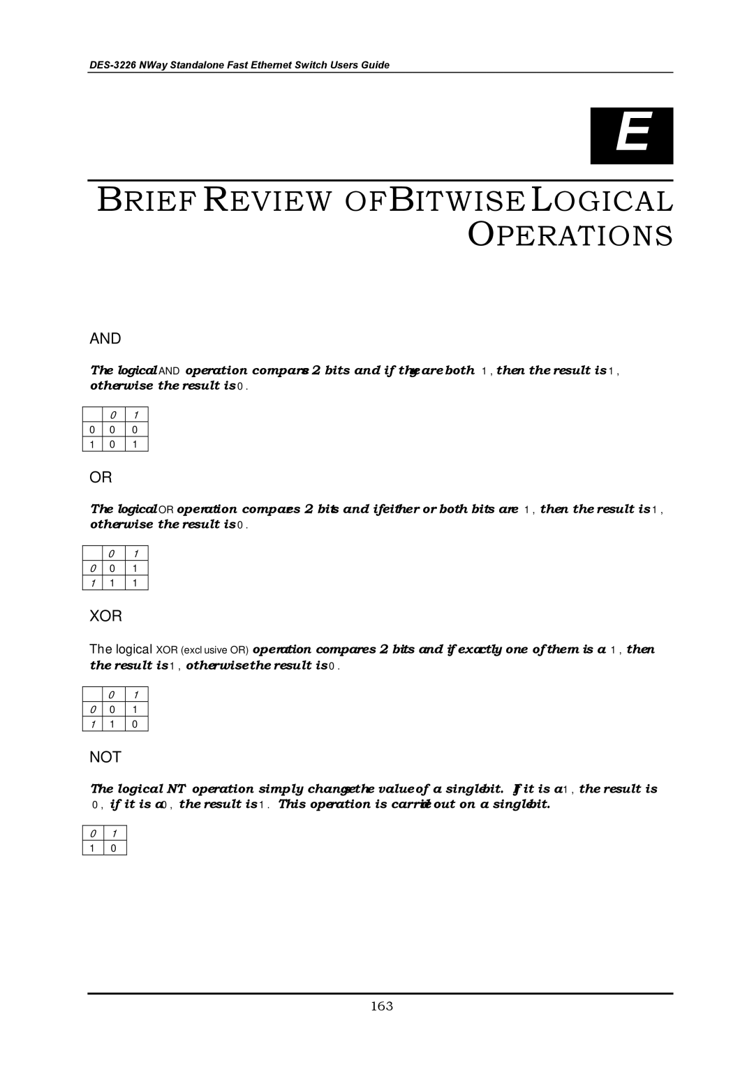 D-Link DES-3226 manual Brief Review of Bitwise Logical Operations, 163 