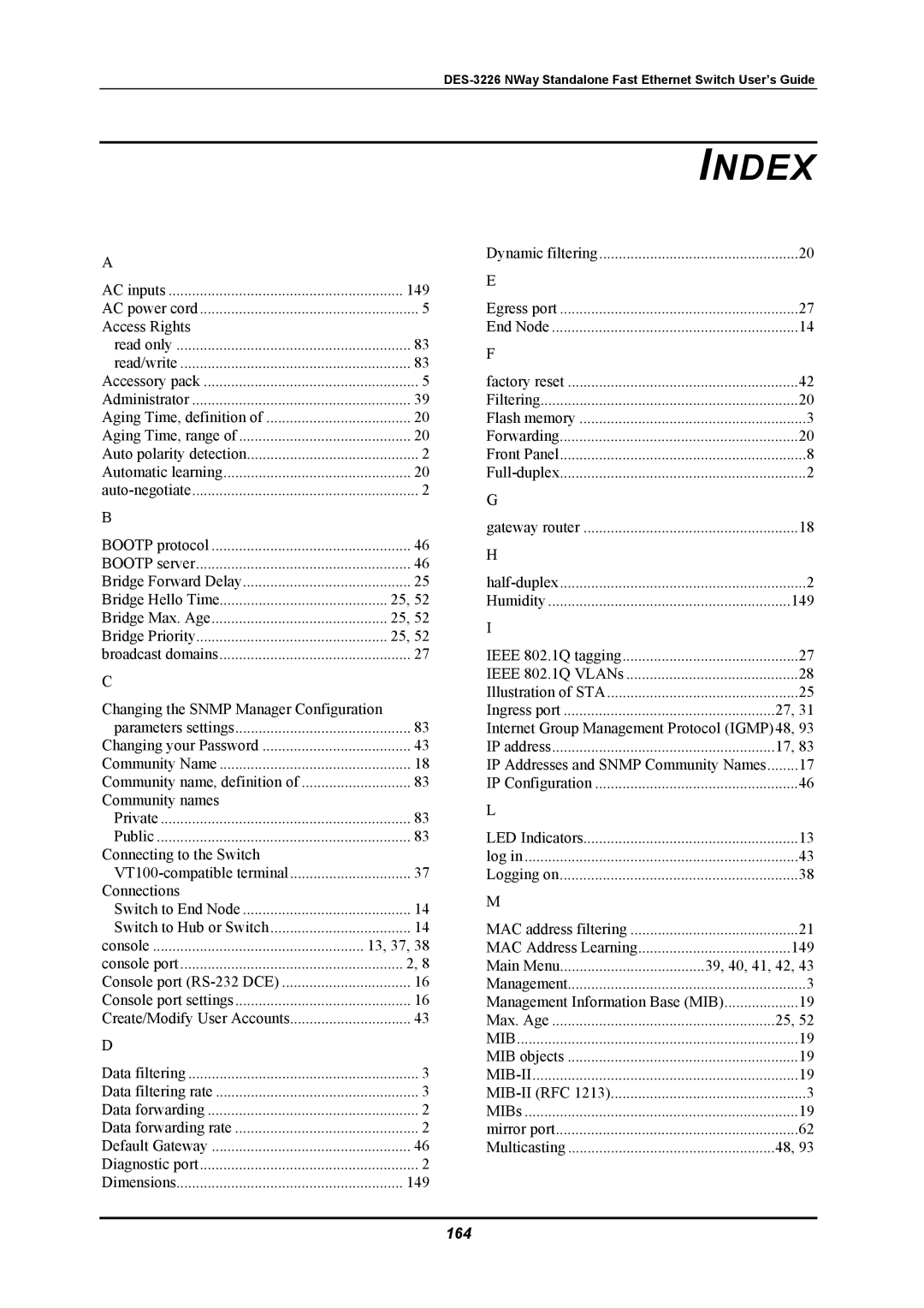 D-Link DES-3226 manual Index, 164 