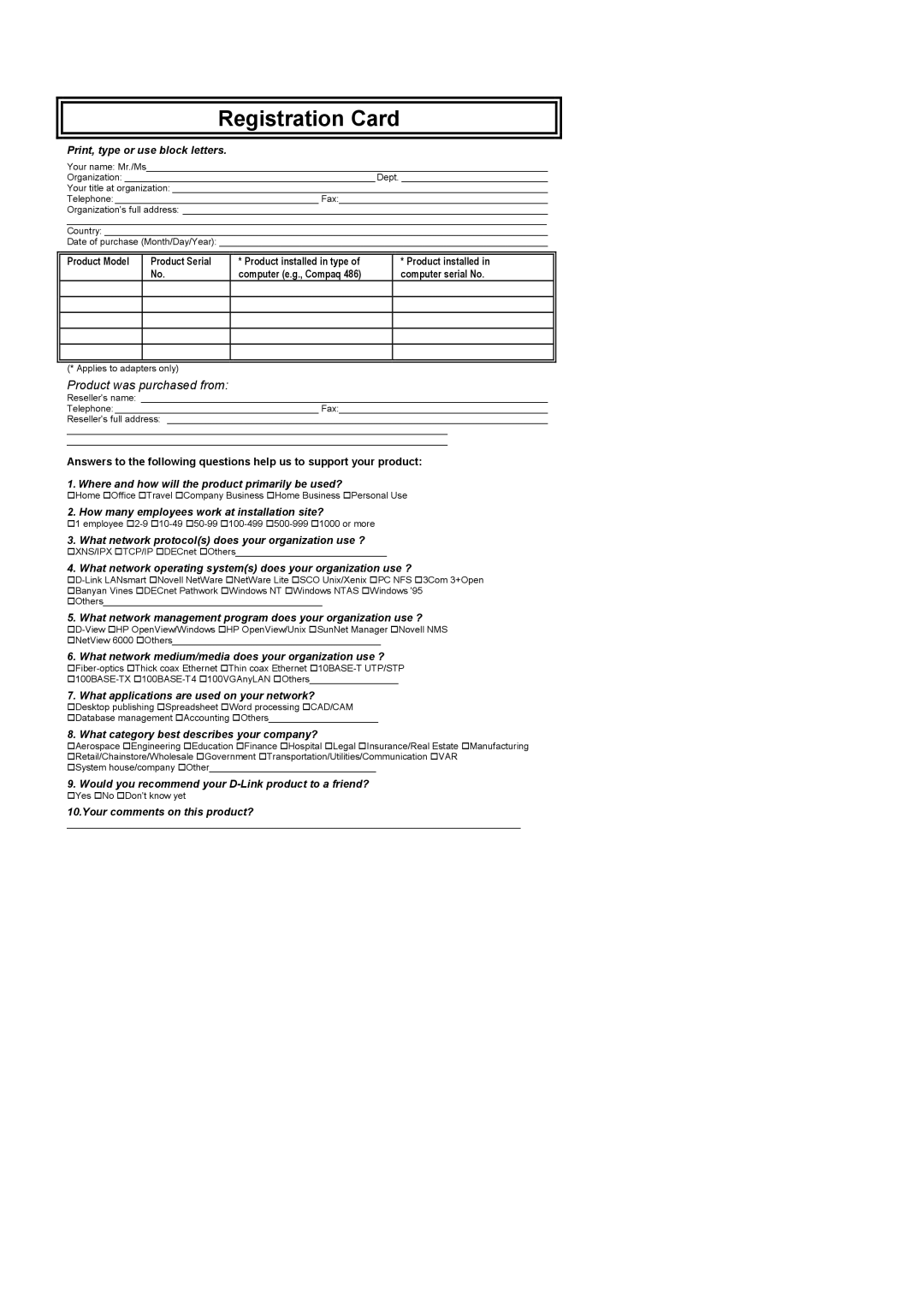 D-Link DES-3226 manual Registration Card 