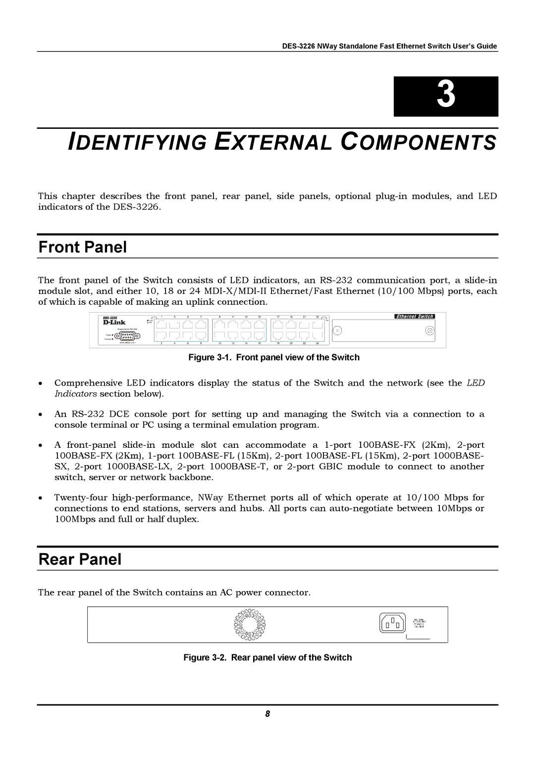 D-Link DES-3226 manual Identifying External Components, Front Panel, Rear Panel 