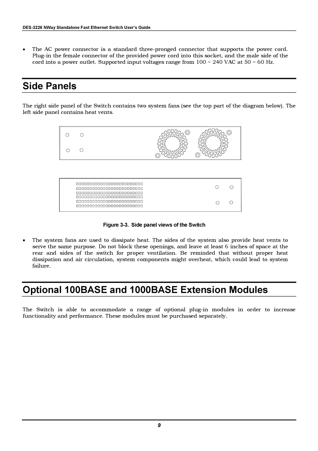 D-Link DES-3226 manual Side Panels, Optional 100BASE and 1000BASE Extension Modules 