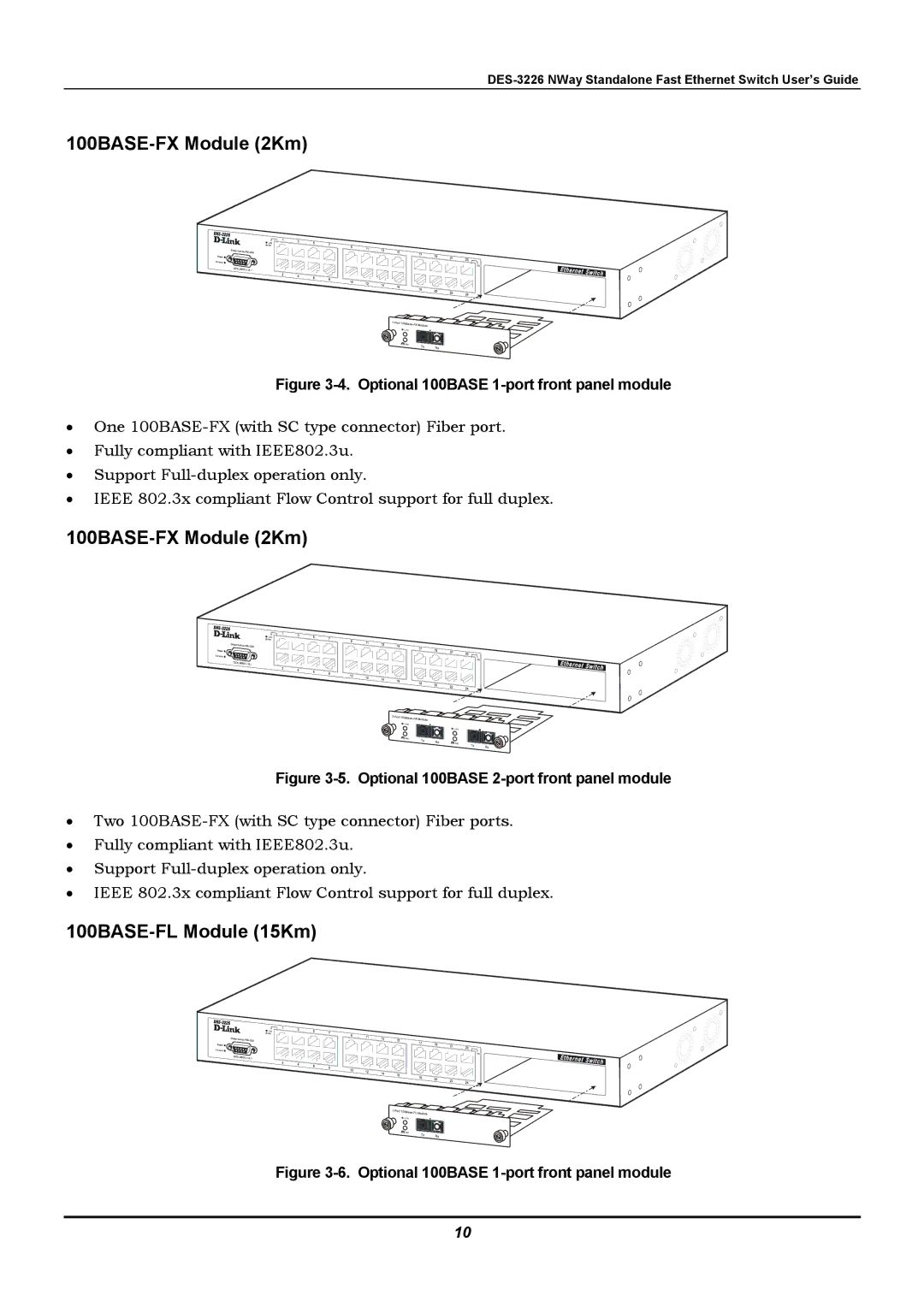 D-Link DES-3226 manual 100BASE-FX Module 2Km, 100BASE-FL Module 15Km 