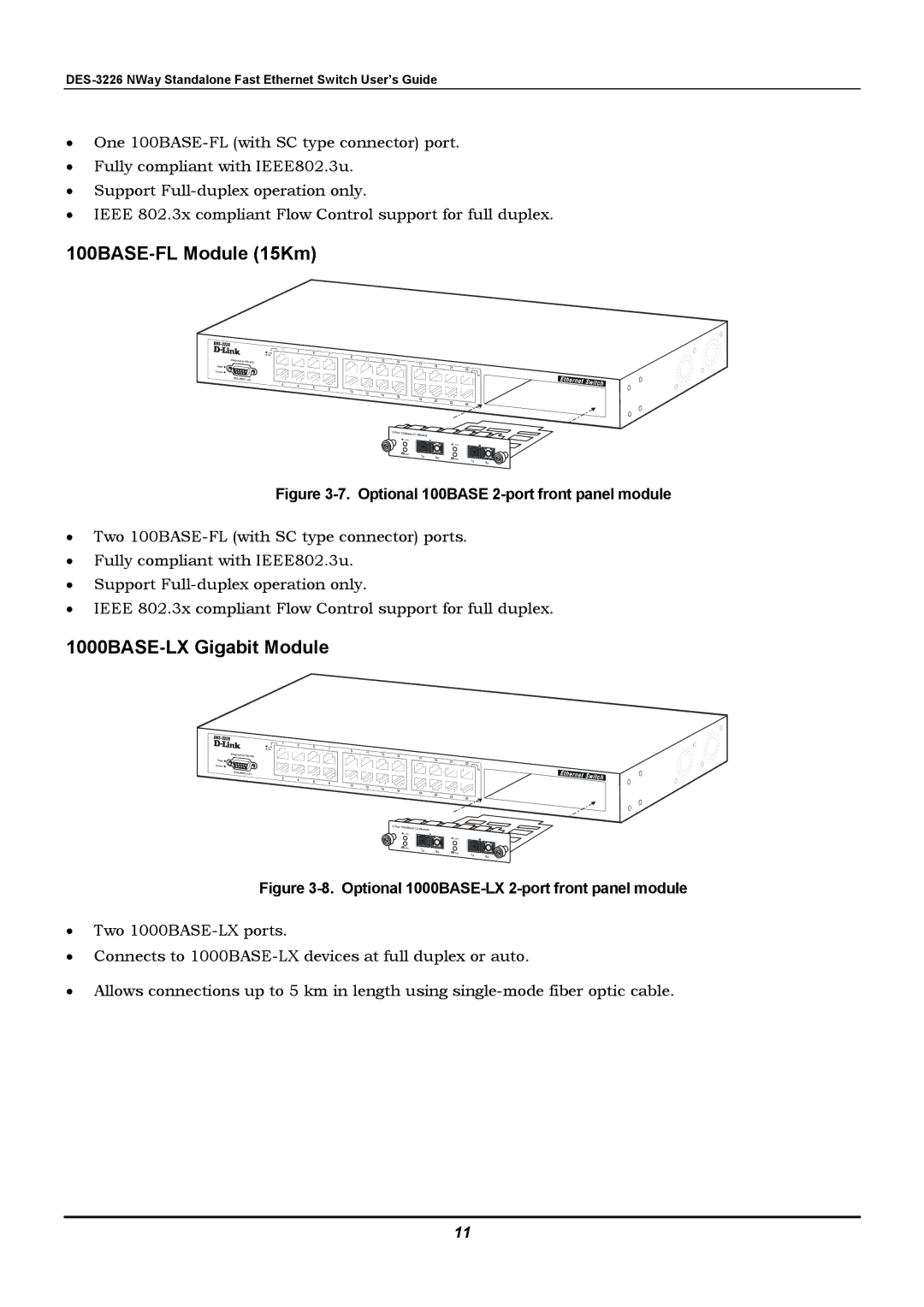 D-Link DES-3226 manual 1000BASE-LX Gigabit Module, Optional 1000BASE-LX 2-port front panel module 