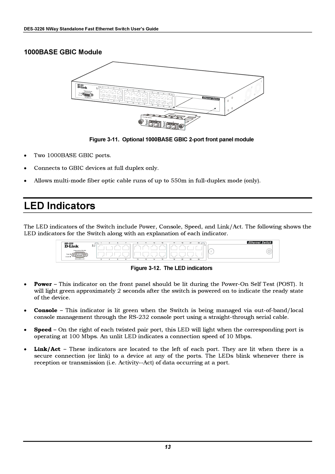 D-Link DES-3226 manual LED Indicators, 1000BASE Gbic Module 