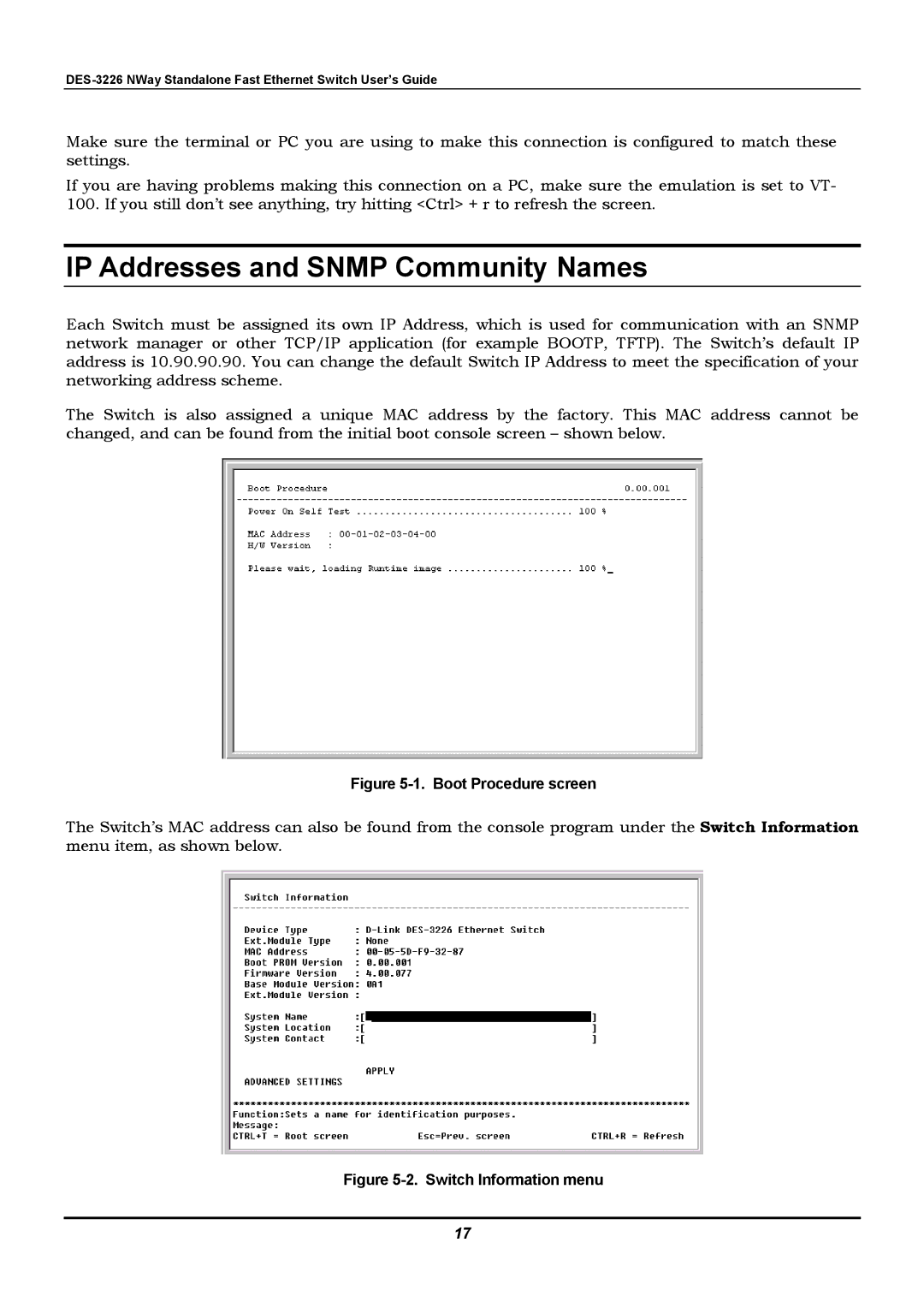 D-Link DES-3226 manual IP Addresses and Snmp Community Names, Boot Procedure screen 