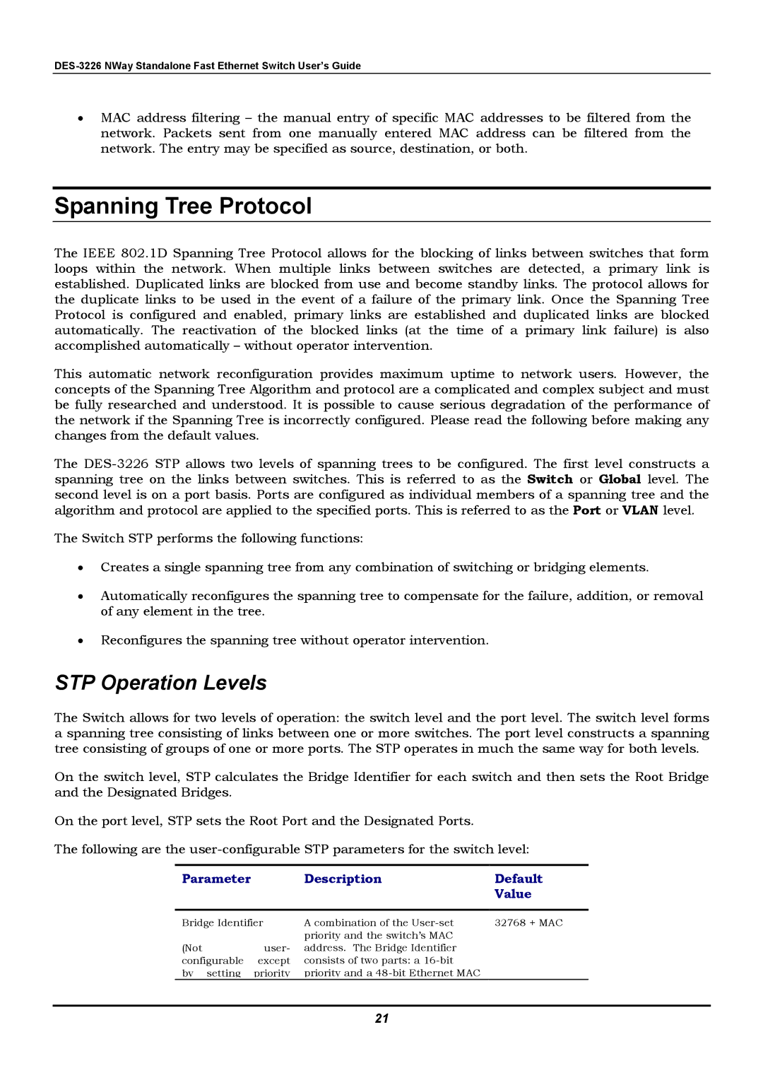 D-Link DES-3226 manual Spanning Tree Protocol, STP Operation Levels 