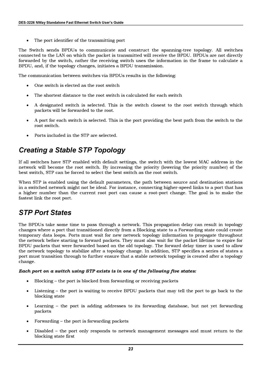 D-Link DES-3226 manual Creating a Stable STP Topology, STP Port States 