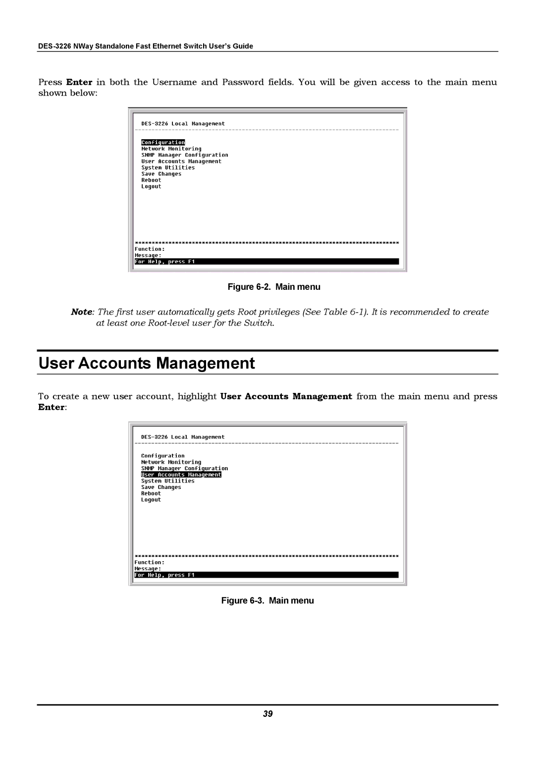 D-Link DES-3226 manual User Accounts Management, Main menu 