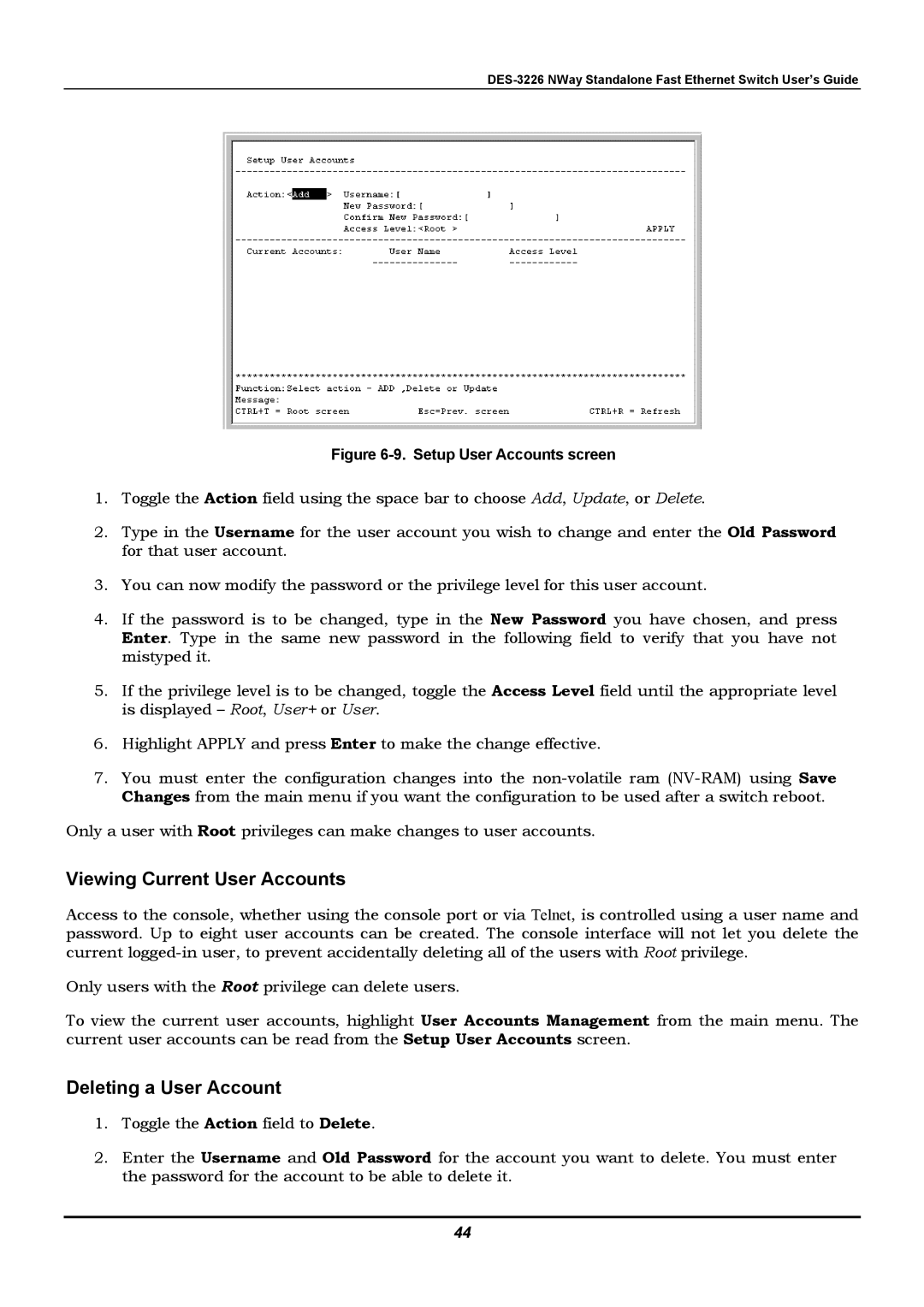 D-Link DES-3226 manual Viewing Current User Accounts, Deleting a User Account 