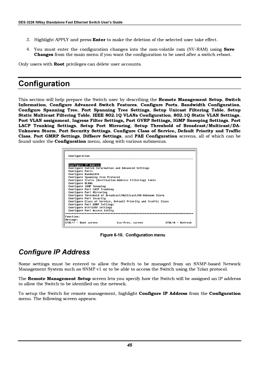 D-Link DES-3226 manual Configuration, Configure IP Address 