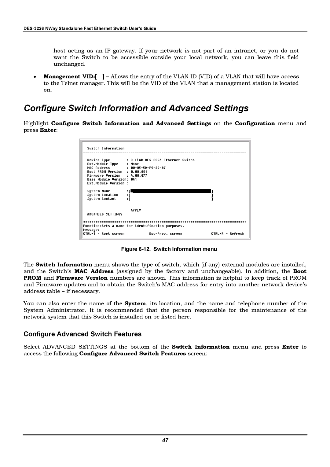 D-Link DES-3226 manual Configure Switch Information and Advanced Settings, Configure Advanced Switch Features 