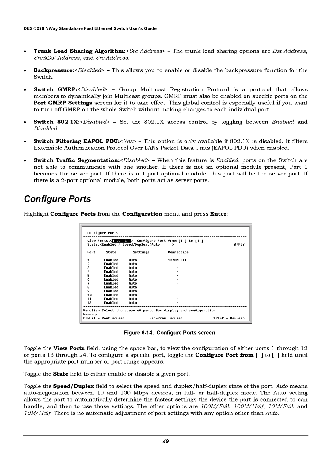 D-Link DES-3226 manual Configure Ports screen 