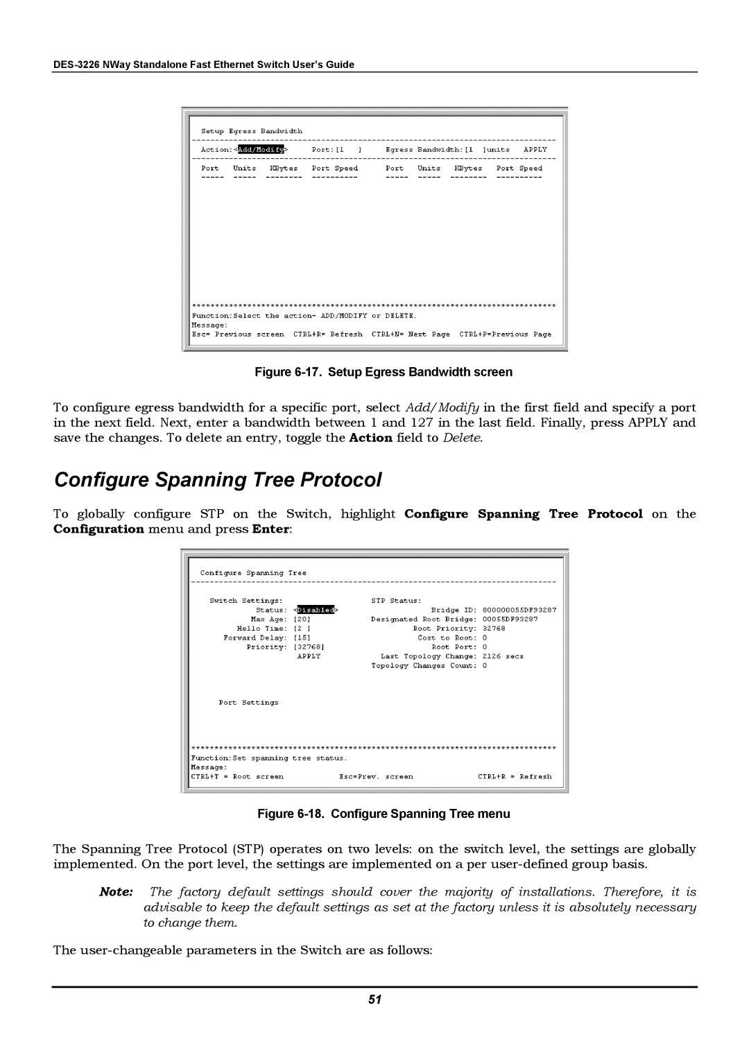 D-Link DES-3226 manual Configure Spanning Tree Protocol, Setup Egress Bandwidth screen 