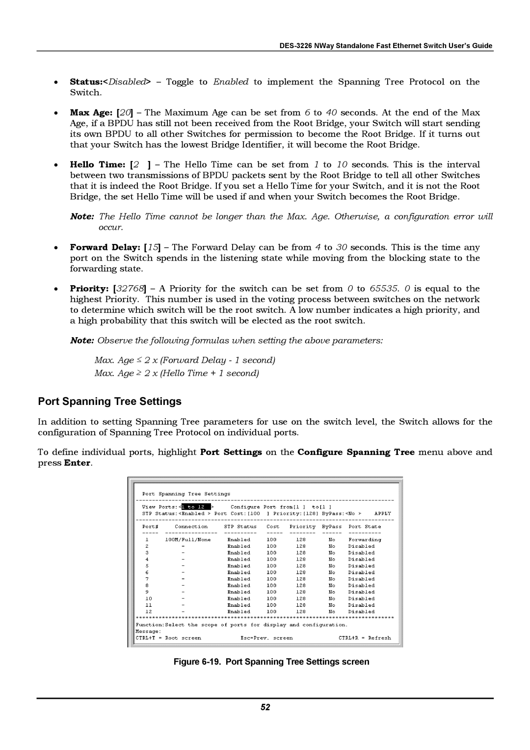 D-Link DES-3226 manual Port Spanning Tree Settings screen 