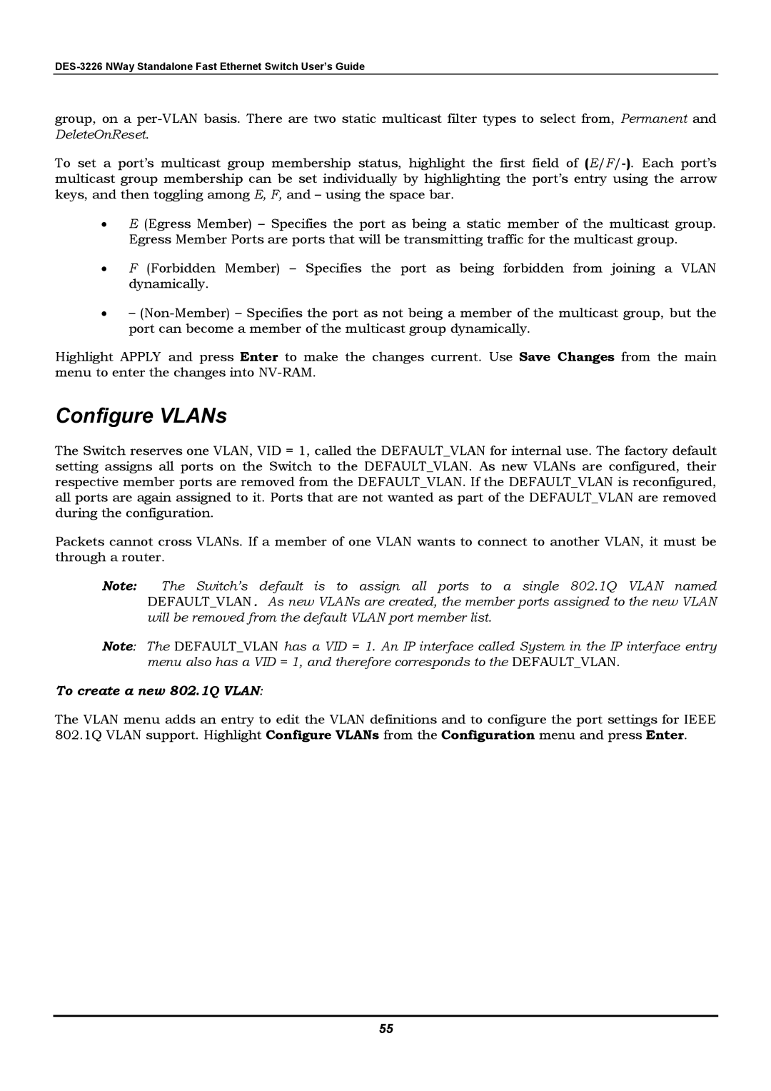 D-Link DES-3226 manual Configure VLANs, To create a new 802.1Q Vlan 