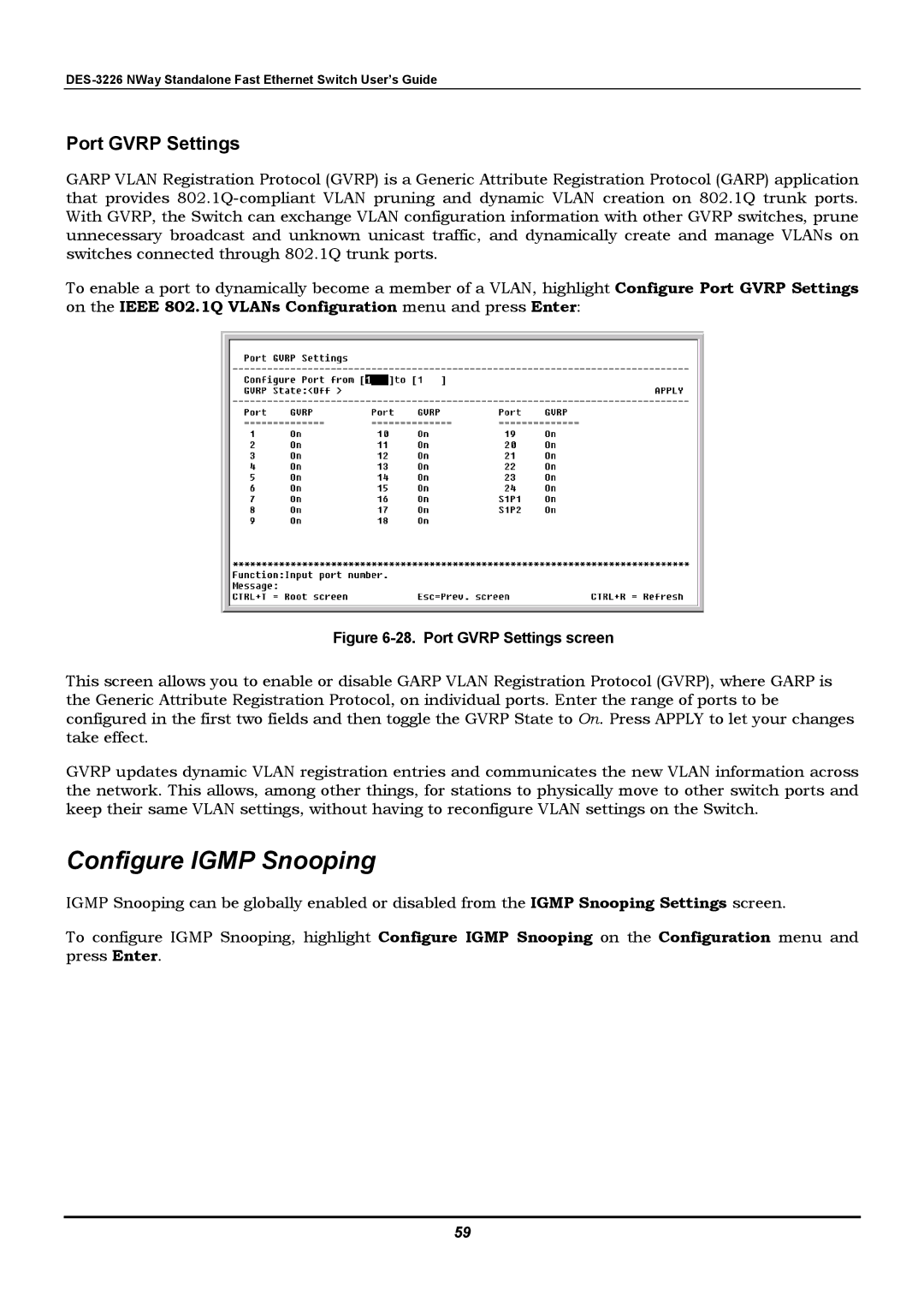 D-Link DES-3226 manual Configure Igmp Snooping, Port Gvrp Settings 