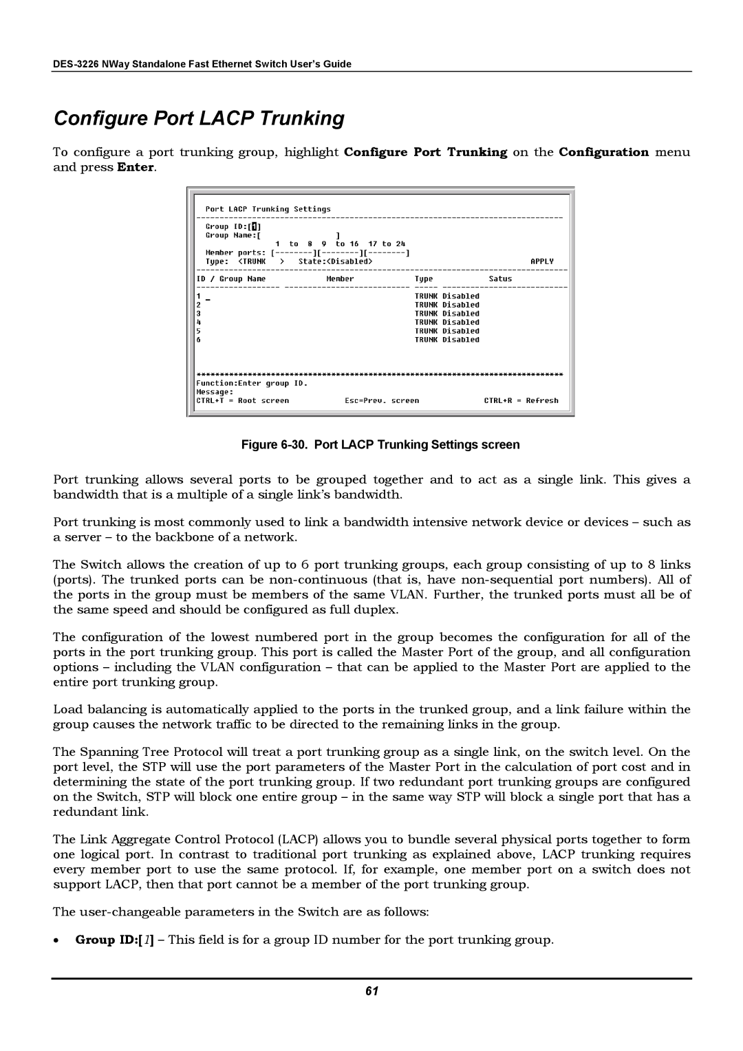 D-Link DES-3226 manual Configure Port Lacp Trunking, Port Lacp Trunking Settings screen 