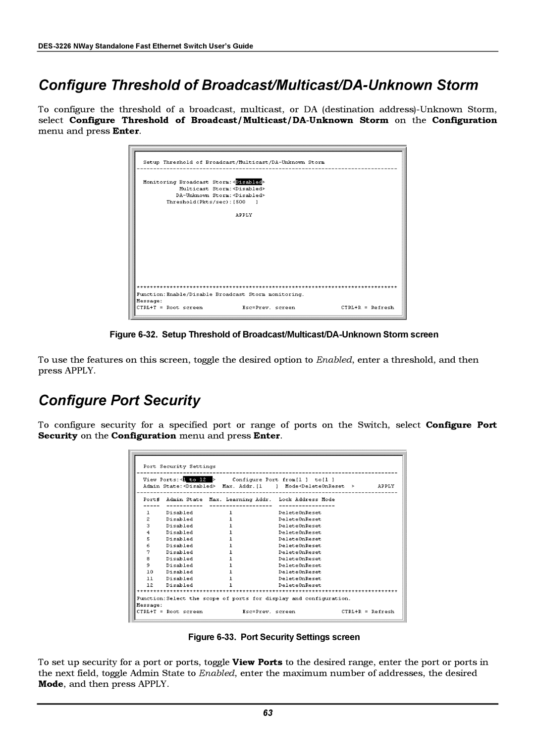 D-Link DES-3226 manual Configure Threshold of Broadcast/Multicast/DA-Unknown Storm, Configure Port Security 