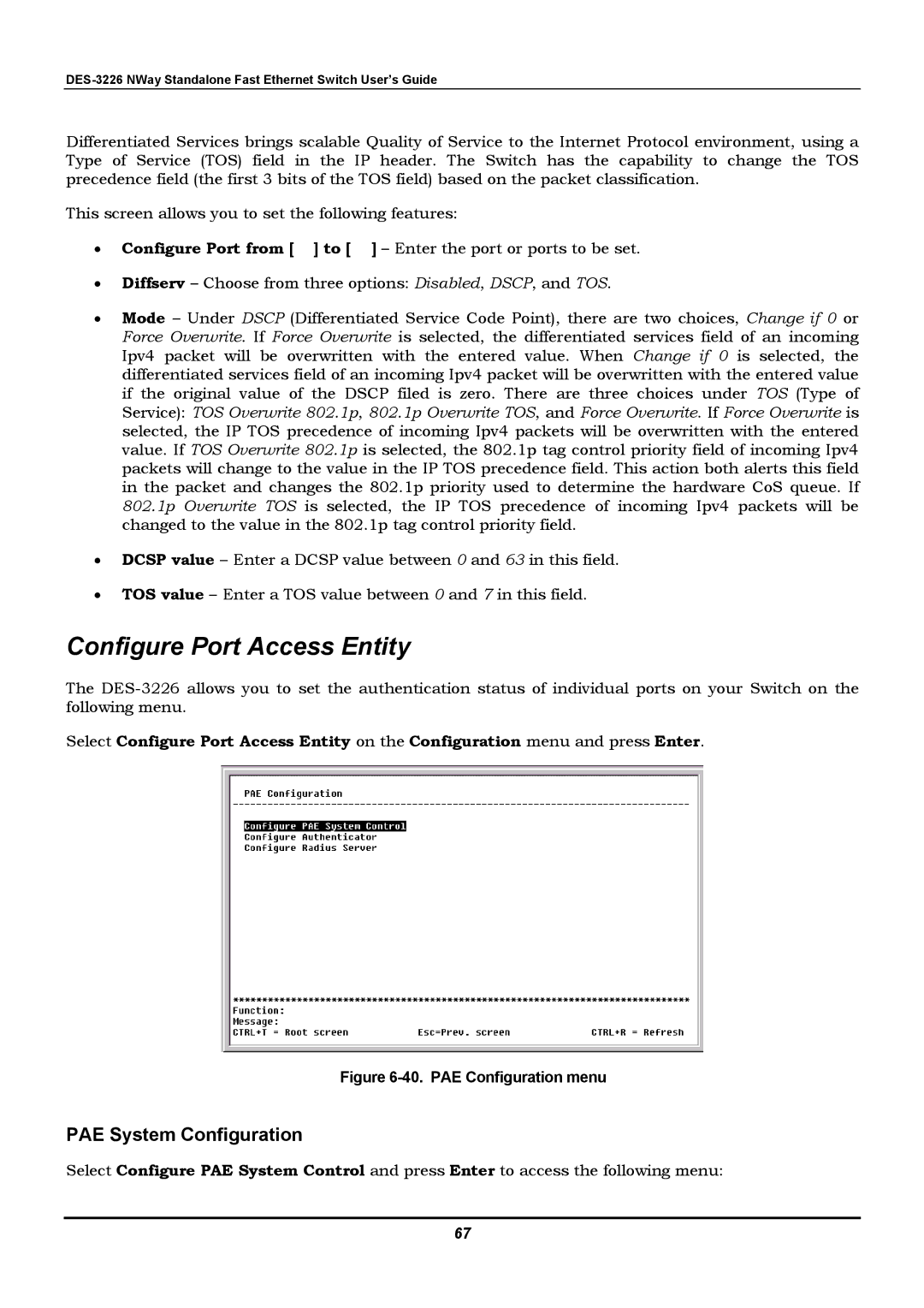 D-Link DES-3226 manual Configure Port Access Entity, PAE System Configuration 