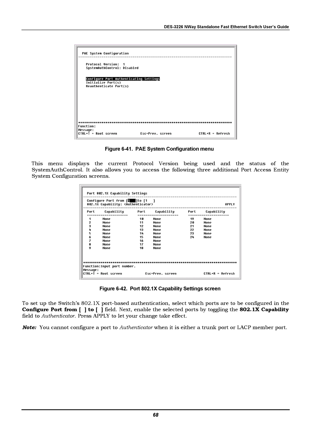 D-Link DES-3226 manual PAE System Configuration menu 