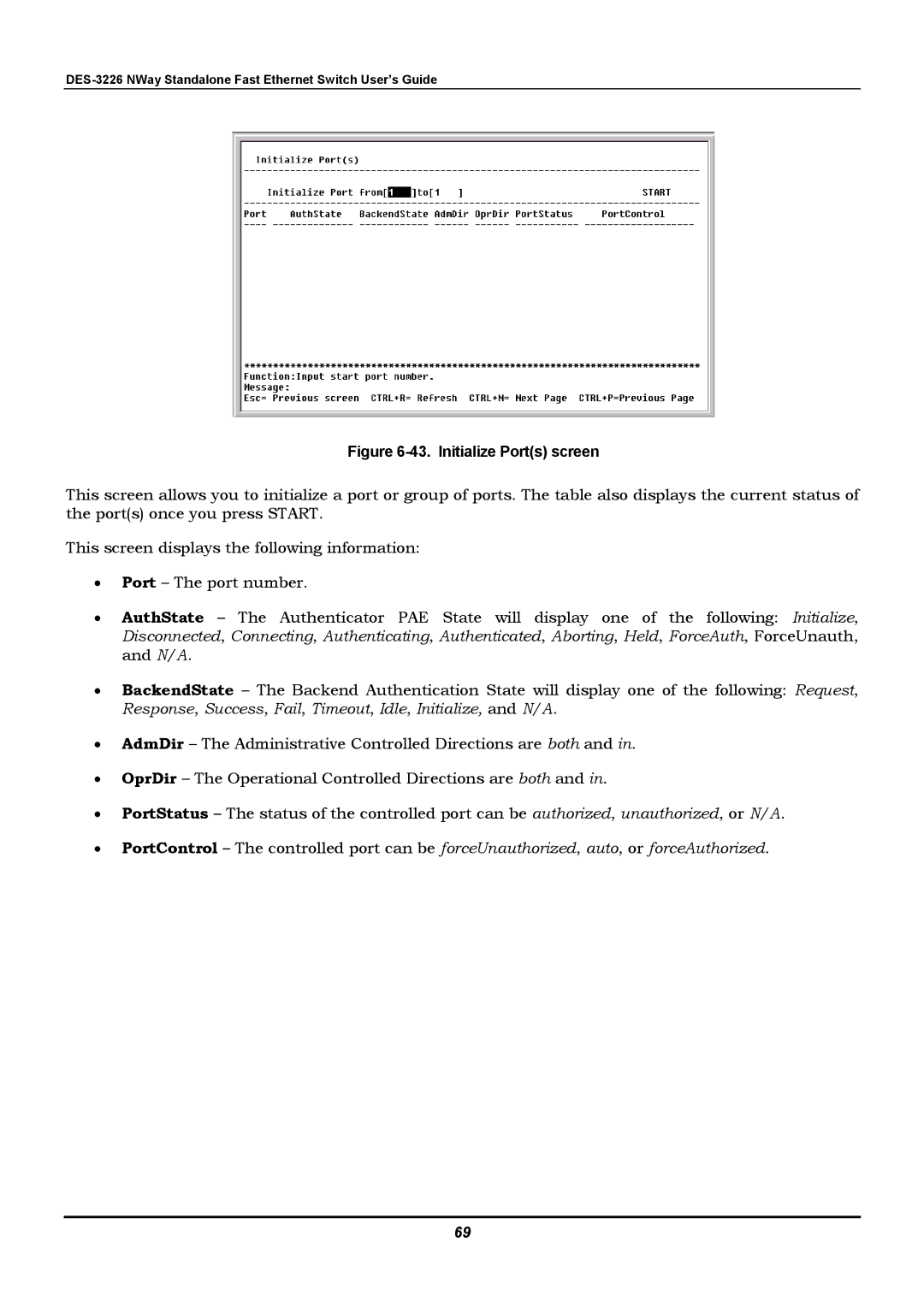 D-Link DES-3226 manual Initialize Ports screen 