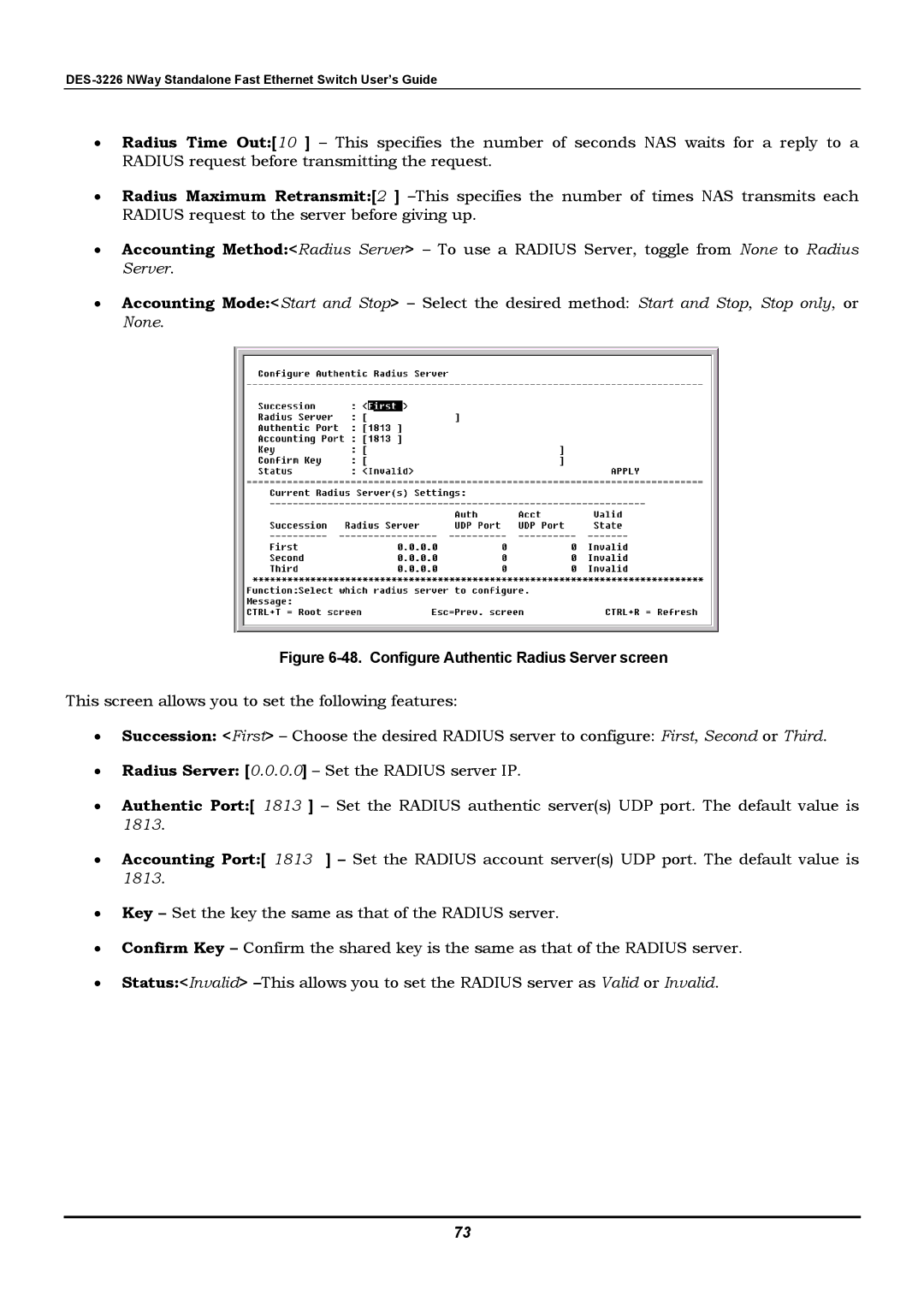 D-Link DES-3226 manual Configure Authentic Radius Server screen 