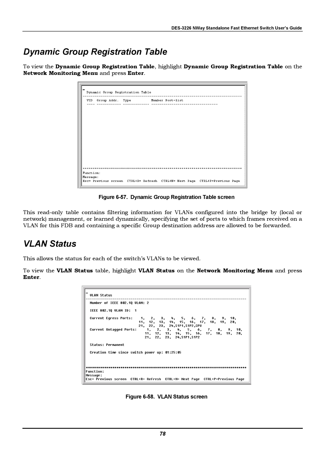 D-Link DES-3226 manual Dynamic Group Registration Table, Vlan Status 