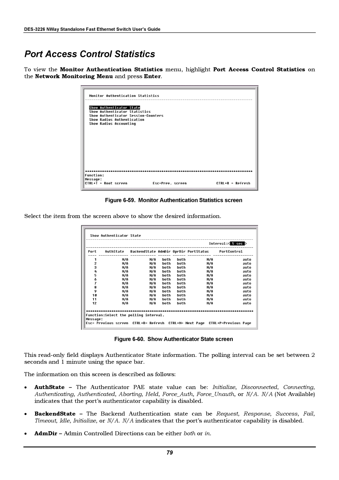 D-Link DES-3226 manual Port Access Control Statistics, Monitor Authentication Statistics screen 