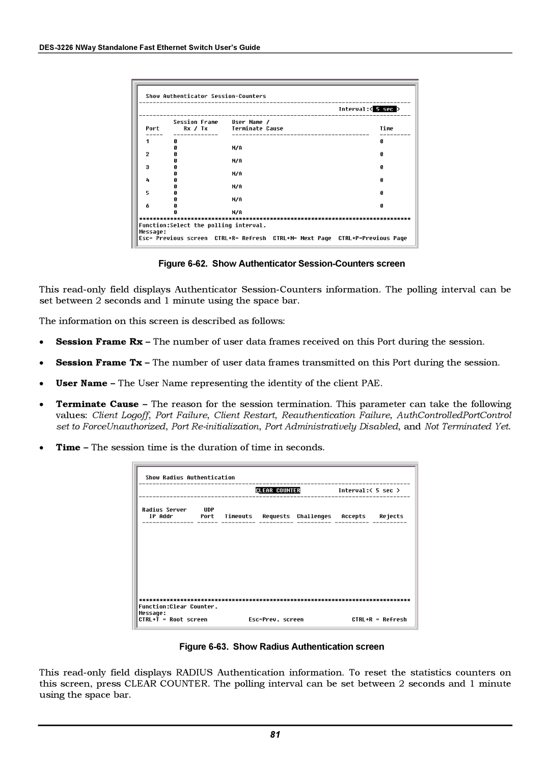 D-Link DES-3226 manual Show Authenticator Session-Counters screen 