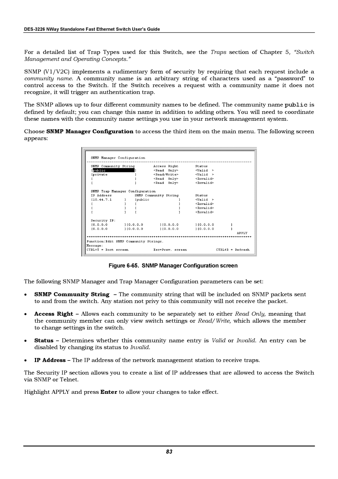 D-Link DES-3226 manual Snmp Manager Configuration screen 