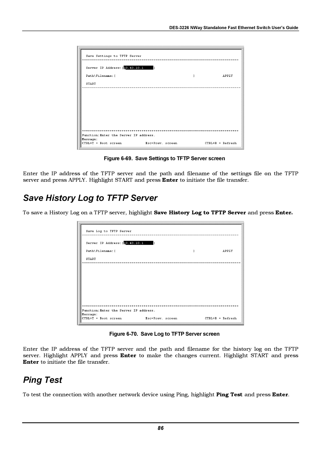 D-Link DES-3226 manual Save History Log to Tftp Server, Ping Test 