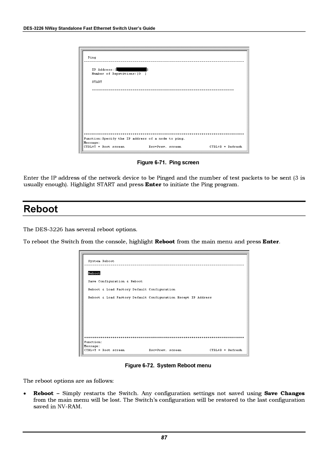 D-Link DES-3226 manual Reboot, Ping screen 