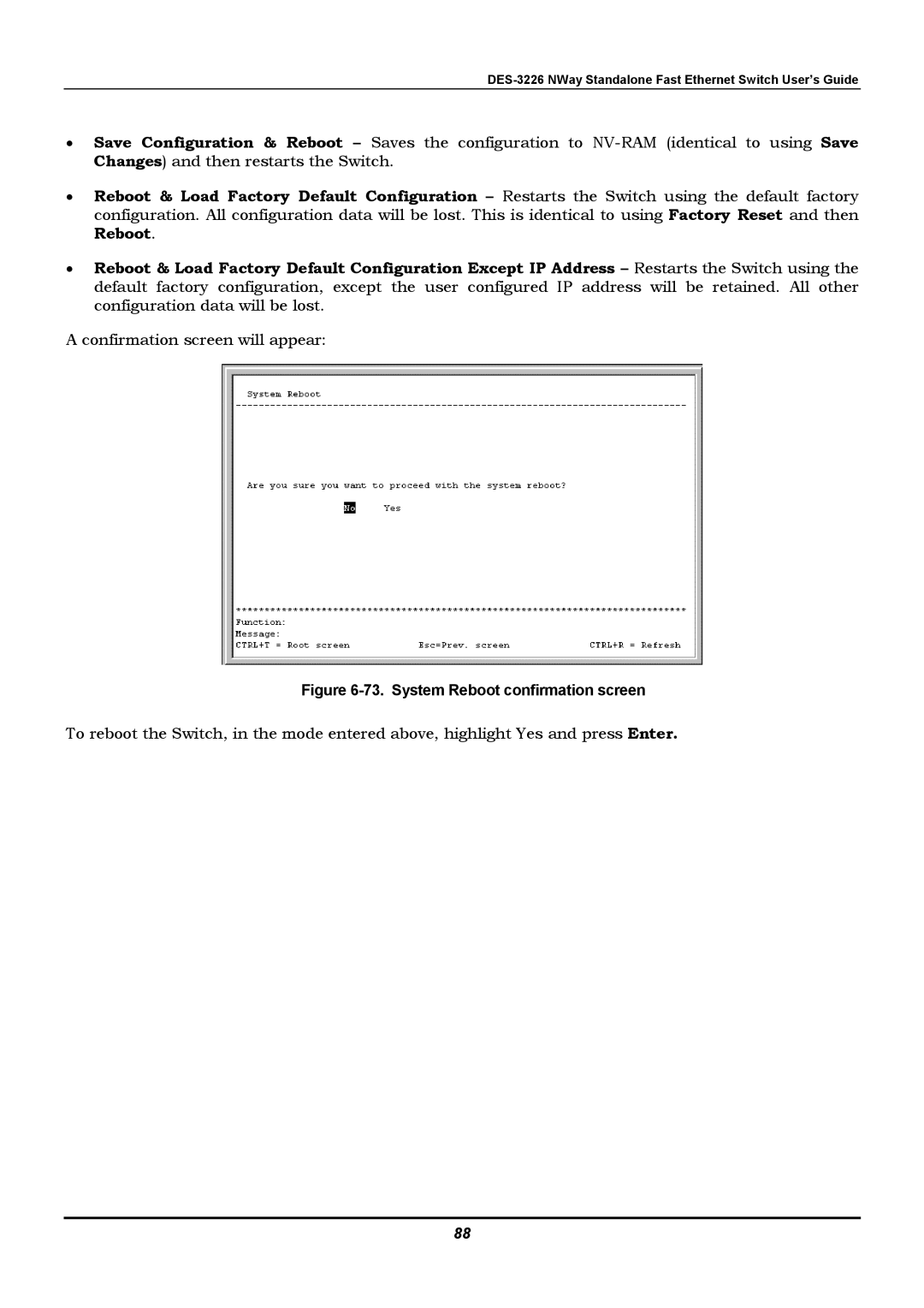 D-Link DES-3226 manual System Reboot confirmation screen 