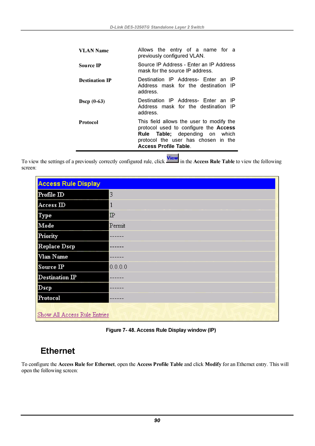 D-Link DES-3250TG manual Vlan Name Source IP Destination IP Dscp Protocol, Access Rule Display window IP 