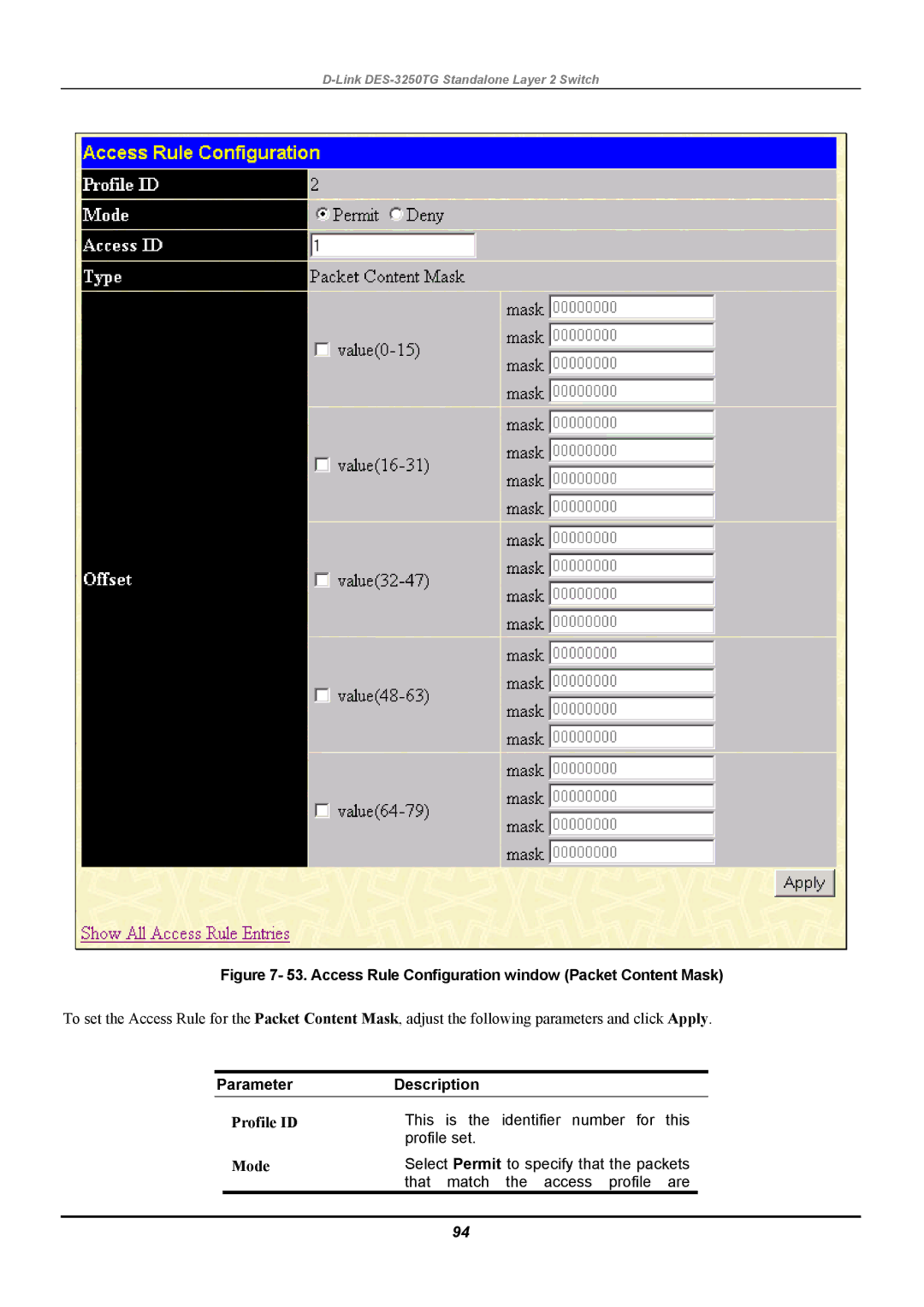 D-Link DES-3250TG manual Access Rule Configuration window Packet Content Mask 