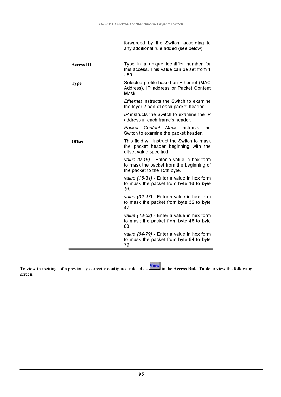 D-Link DES-3250TG manual Access ID Type Offset 