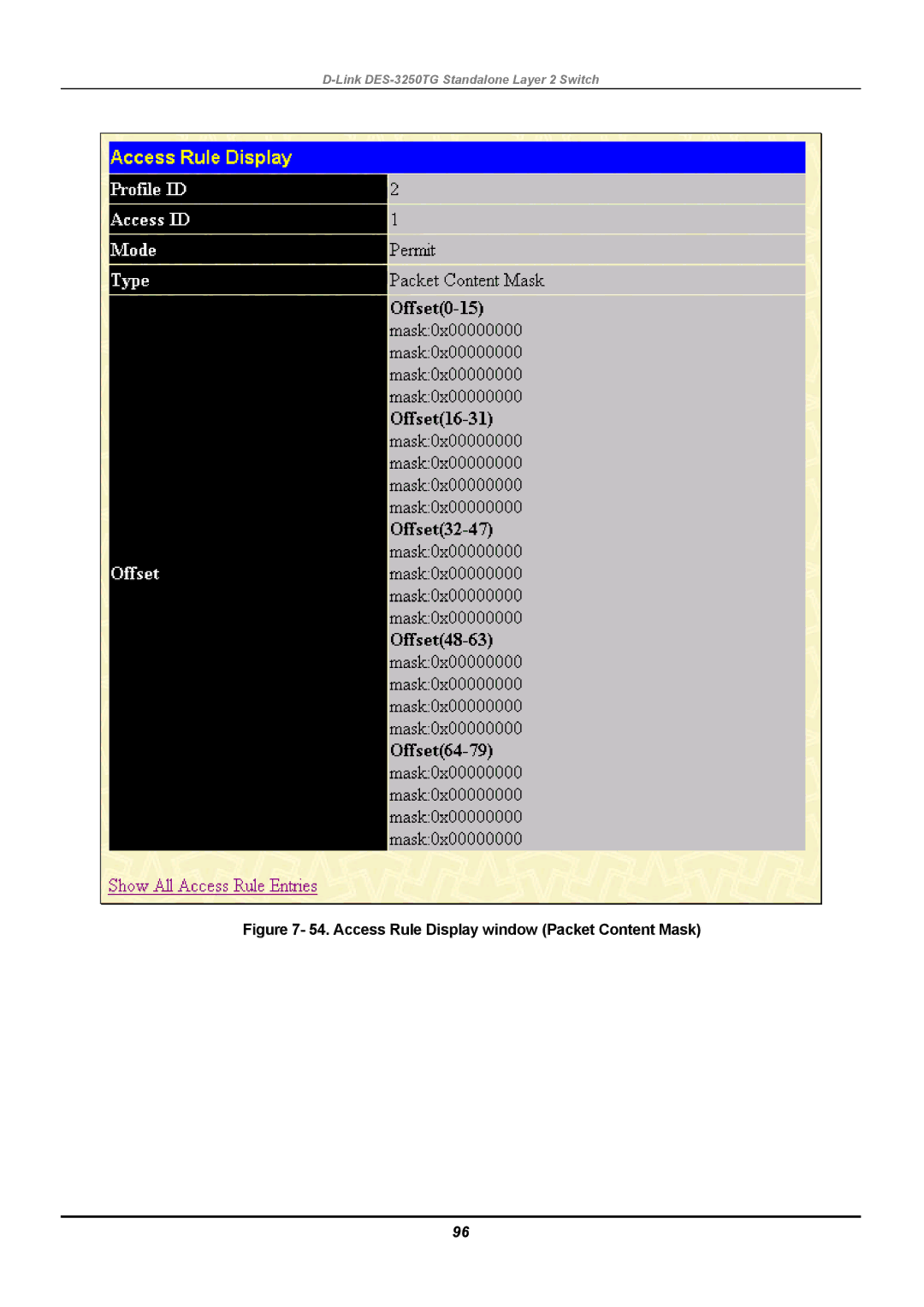 D-Link DES-3250TG manual Access Rule Display window Packet Content Mask 