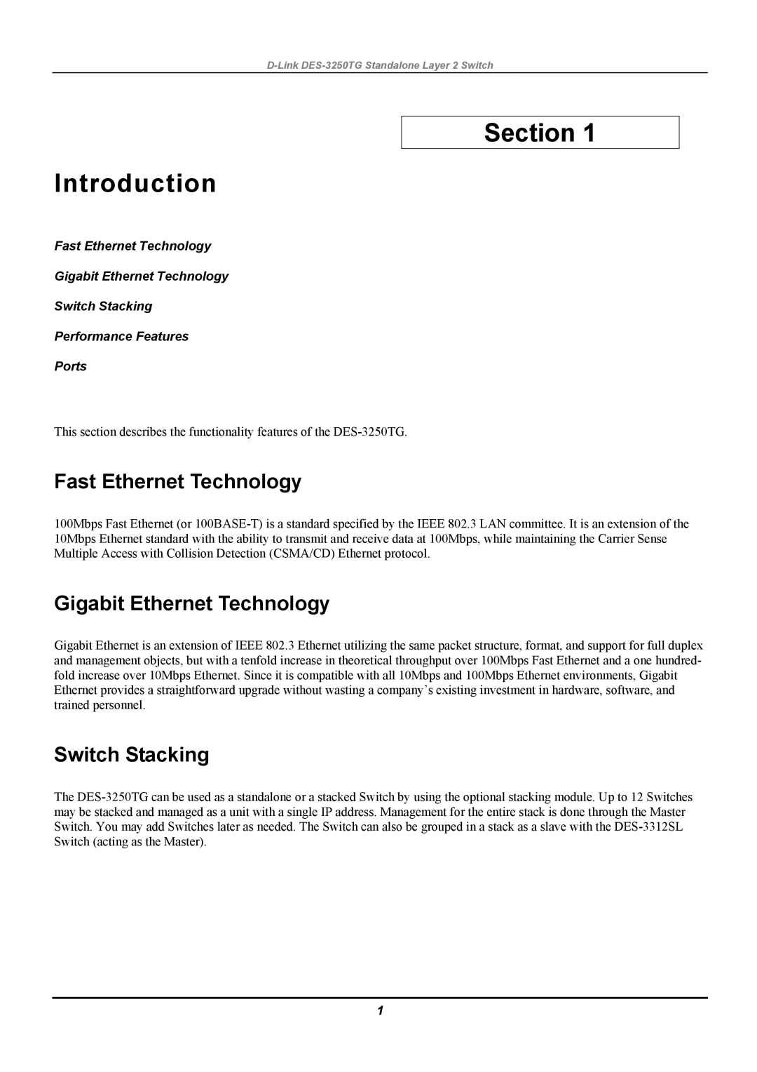 D-Link DES-3250TG manual Section Introduction, Fast Ethernet Technology, Gigabit Ethernet Technology, Switch Stacking 