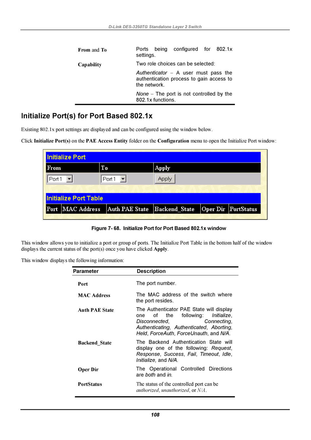 D-Link DES-3250TG manual Initialize Ports for Port Based, Capability, Auth PAE State BackendState Oper Dir, PortStatus, 108 