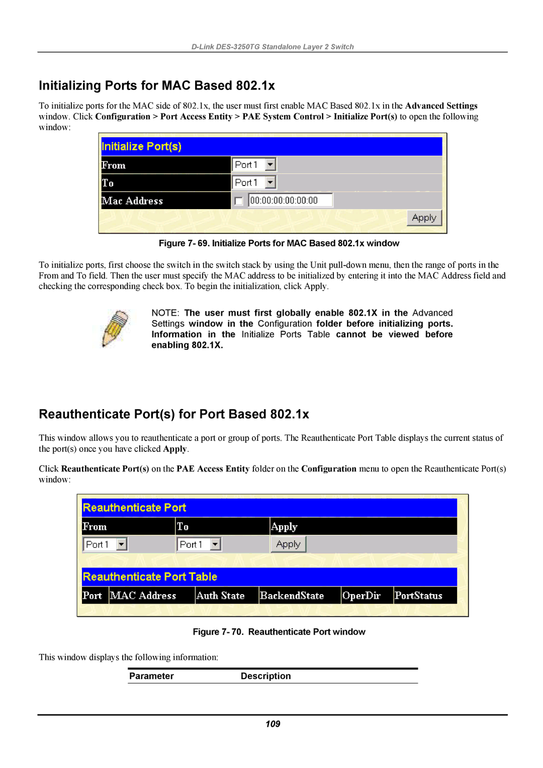 D-Link DES-3250TG manual Initializing Ports for MAC Based, Reauthenticate Ports for Port Based, 109 