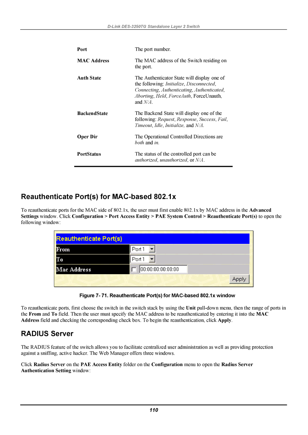 D-Link DES-3250TG manual Reauthenticate Ports for MAC-based, Radius Server, Auth State, 110 