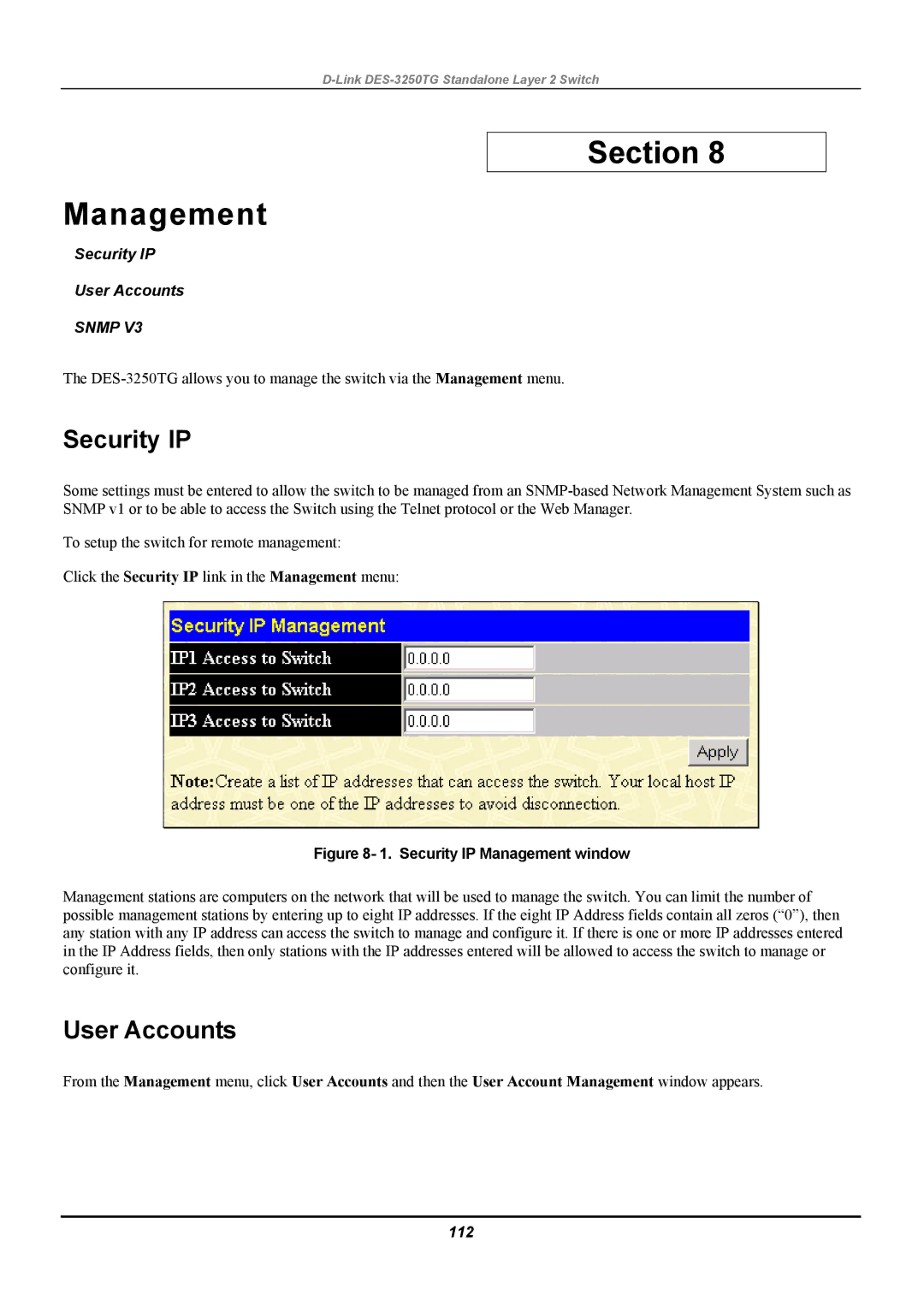 D-Link DES-3250TG manual Section Management, Security IP User Accounts, 112 