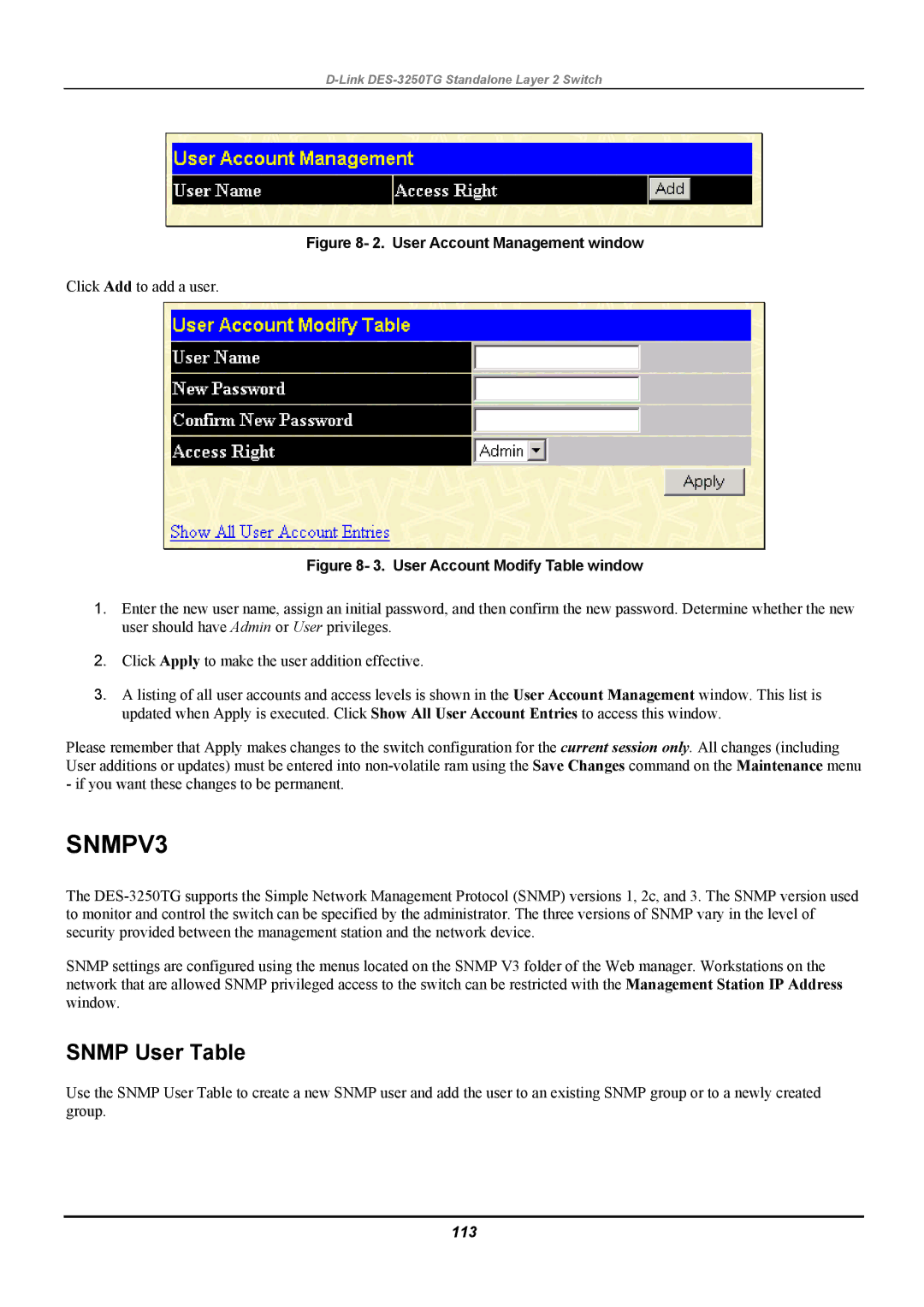 D-Link DES-3250TG manual Snmp User Table, 113 