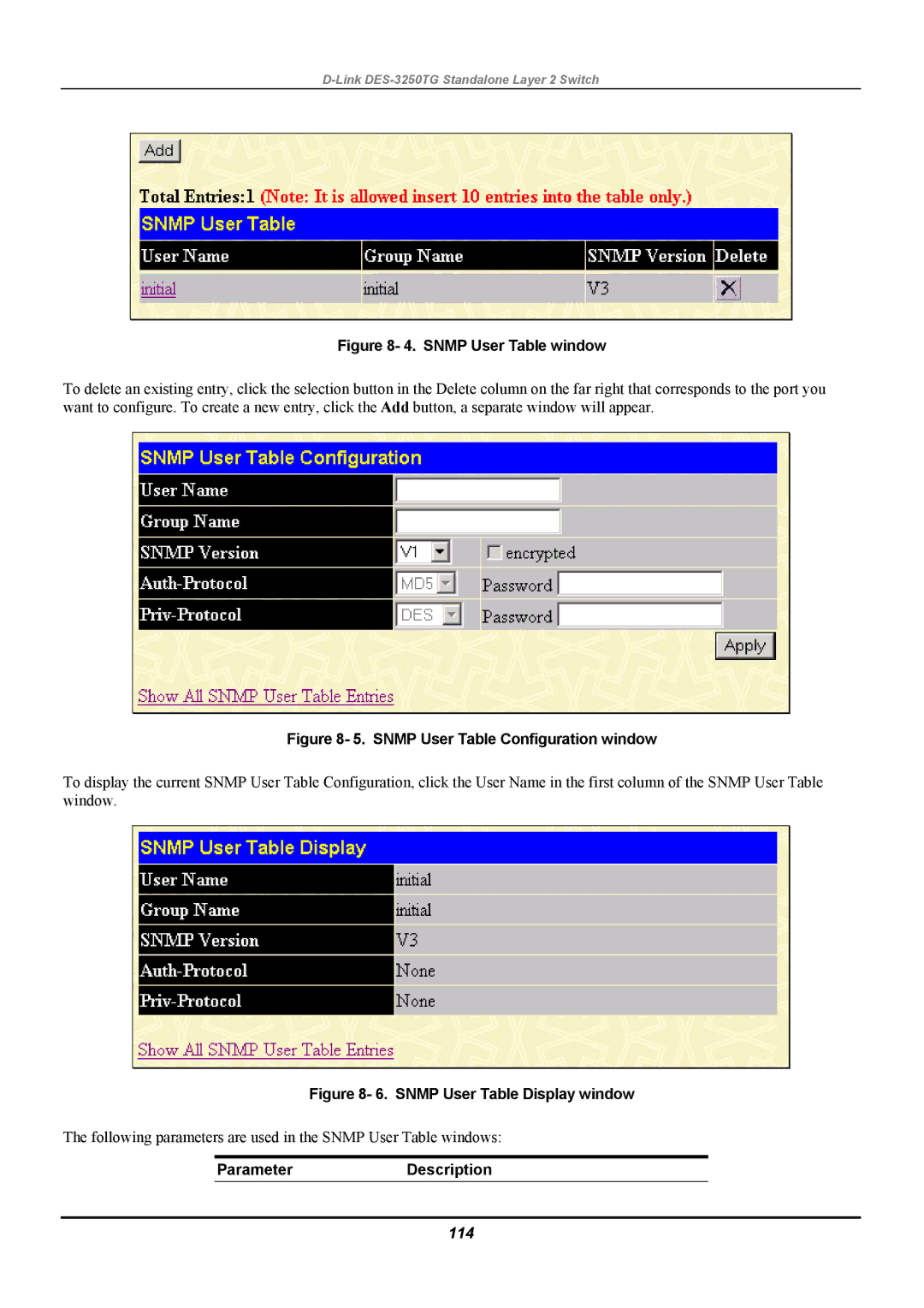 D-Link DES-3250TG manual Snmp User Table window, 114 