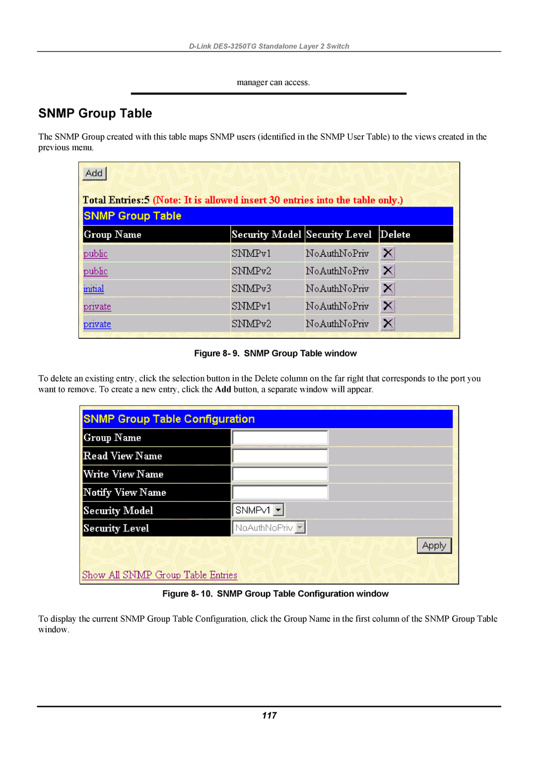 D-Link DES-3250TG manual Snmp Group Table, 117 