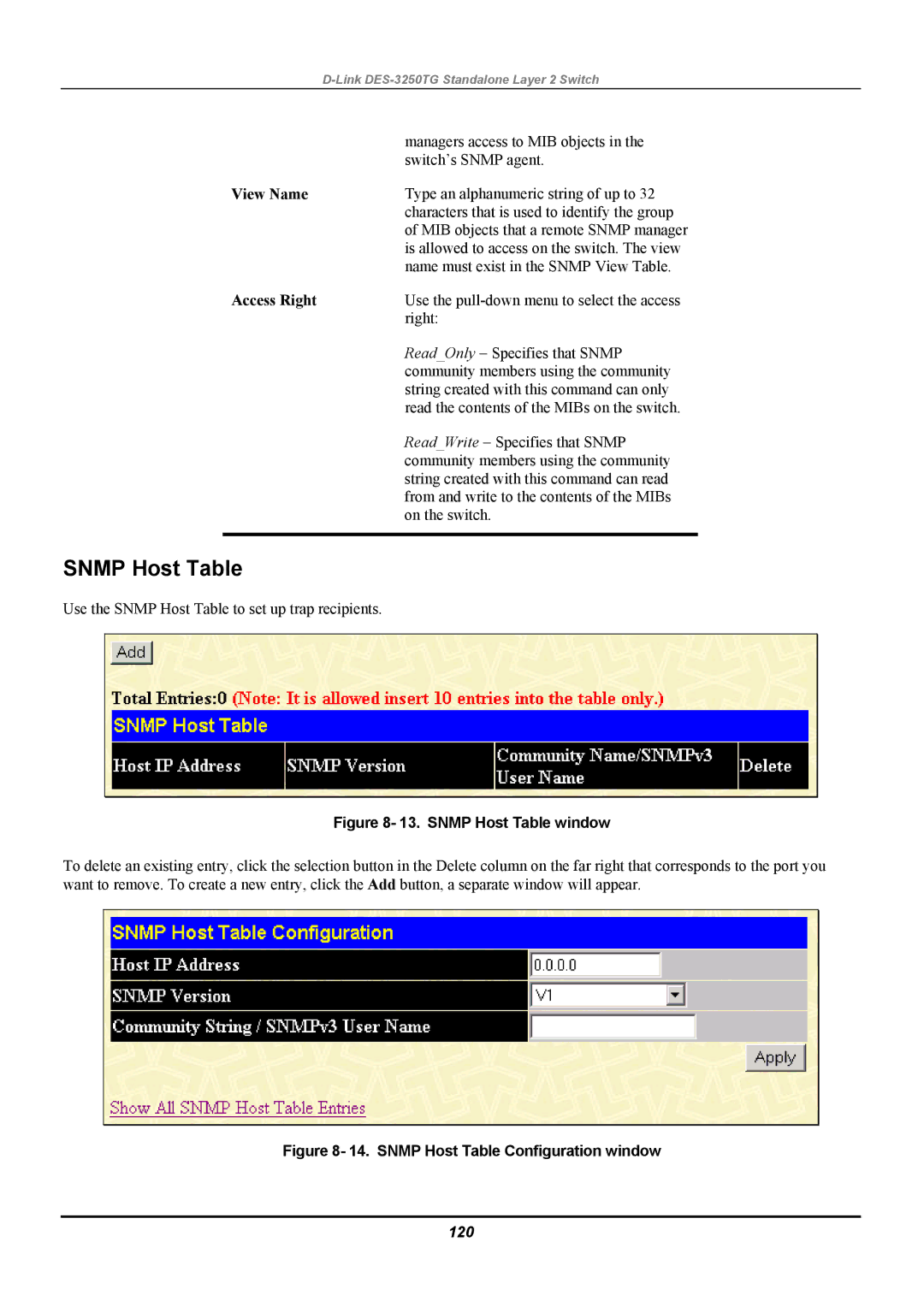 D-Link DES-3250TG manual Snmp Host Table, Access Right, 120 