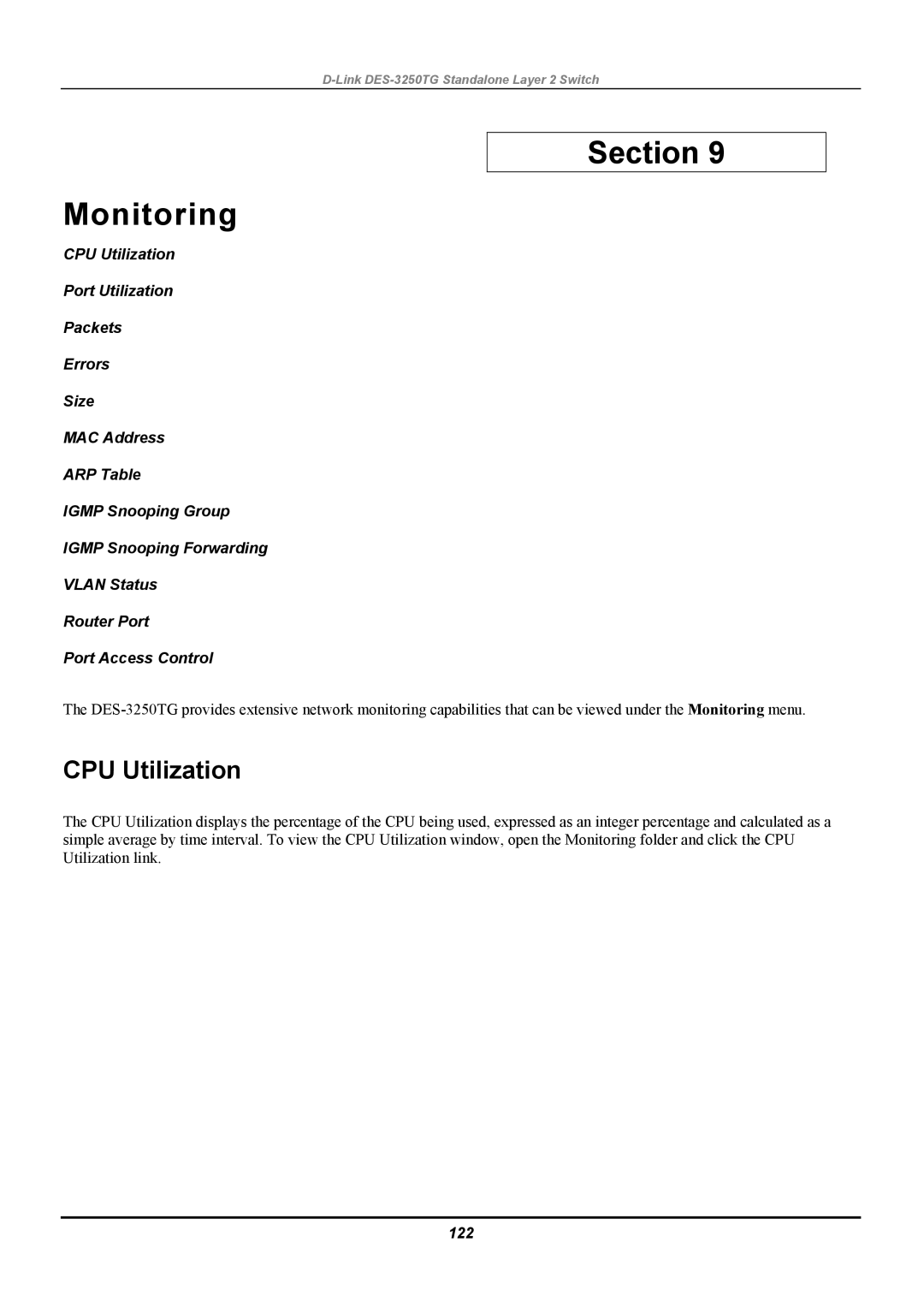 D-Link DES-3250TG manual Section Monitoring, CPU Utilization, 122 