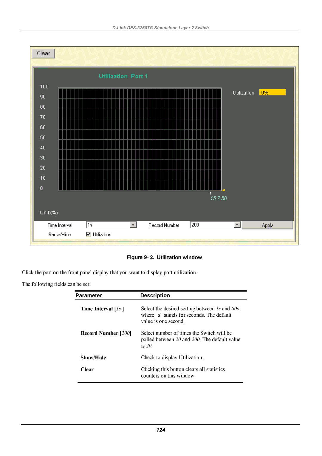 D-Link DES-3250TG manual Time Interval 1s, Record Number, Show/Hide, Clear, 124 